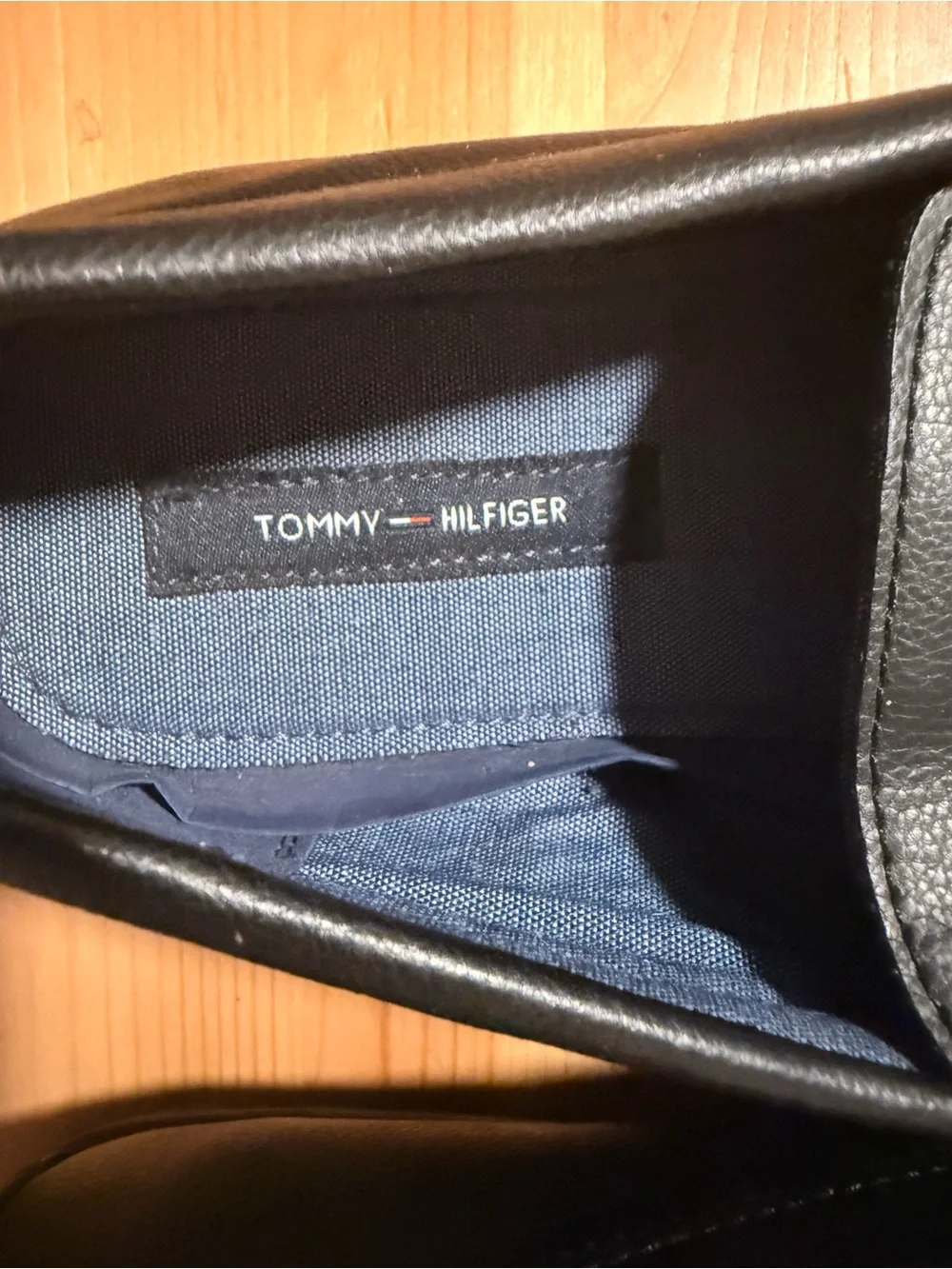 Tommy Hilfiger Black Faux Le Loafers with Red-White-Blue Ribbon and Gold Buckle